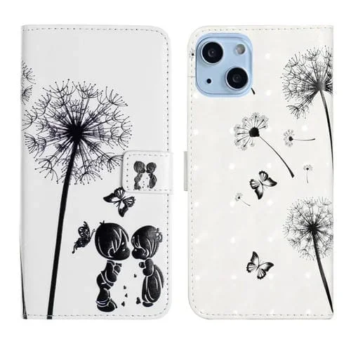 Estuche para Teléfono iPhone 14 Cuero con Dibujo 3D Pareja de Diente de León