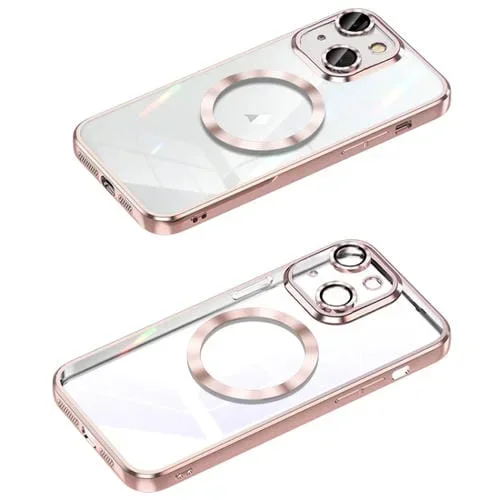 Estuche para teléfono iPhone 14 Plus Magsafe Cd Texture Marco de Lente de Metal Cobertura Total (Rosa)