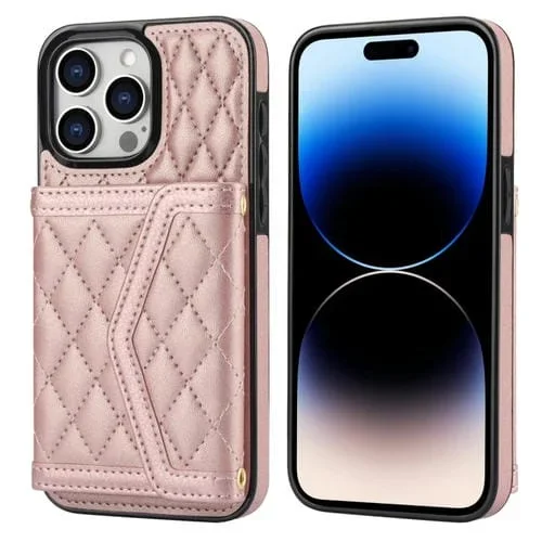 Estuche para Teléfono iPhone 14 Pro Bolsa para Tarjetas Textura Rómbica Empalme Cordón Largo (Oro Rosa)