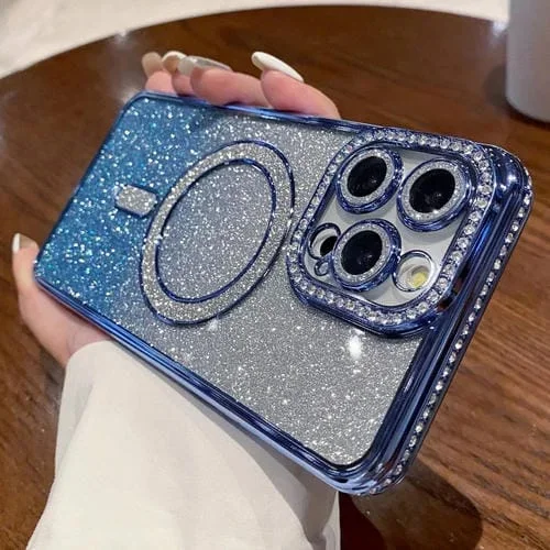 Estuche para Teléfono iPhone 14 Pro Magsafe Chapado En Brillo con Degradado de Diamante (Azul)