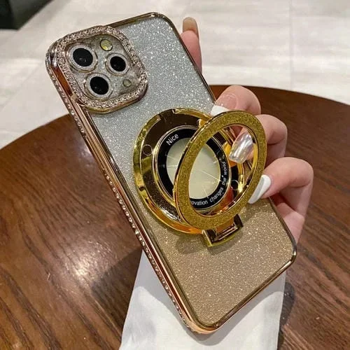 Estuche para Teléfono iPhone 14 Pro Magsafe con Soporte Chapado en Diamantes con Brillo Degradado (Dorado)
