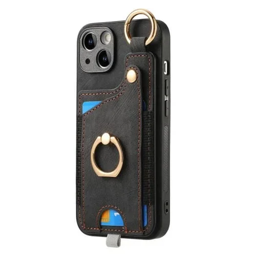 Estuche para Teléfono iPhone 14 Pro Max con Bolsa para Tarjeta Anillo y Lazo (Negro)