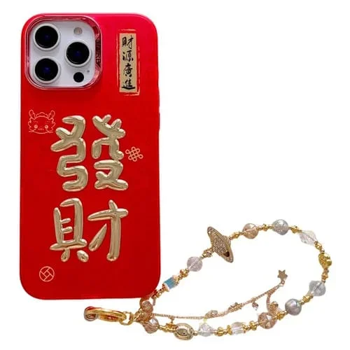 Estuche para teléfono iPhone 14 Pro Max con estampado dorado 3D Imd y cadena de cristal (Fortune)