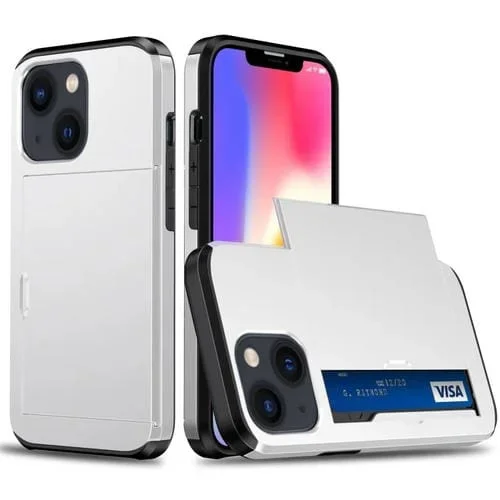 Estuche para Teléfono iPhone 15 Armadura a Prueba de Golpes con Ranura para Tarjeta Deslizante (Blanco)