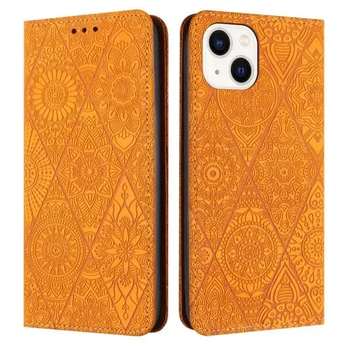 Estuche para teléfono iPhone 15 Cuero Adsorción en Relieve Étnico (Amarillo)