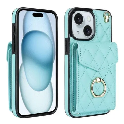 Estuche para Teléfono iPhone 15 Plus Bolsa para Tarjetas Textura Rómbica Cordón Largo (Verde Menta)