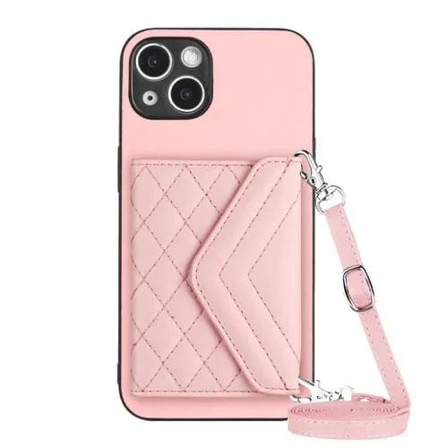 Estuche para teléfono iPhone 15 Plus con RFID bolsa para tarjetas textura rómbica cordón largo (Oro Rosa)