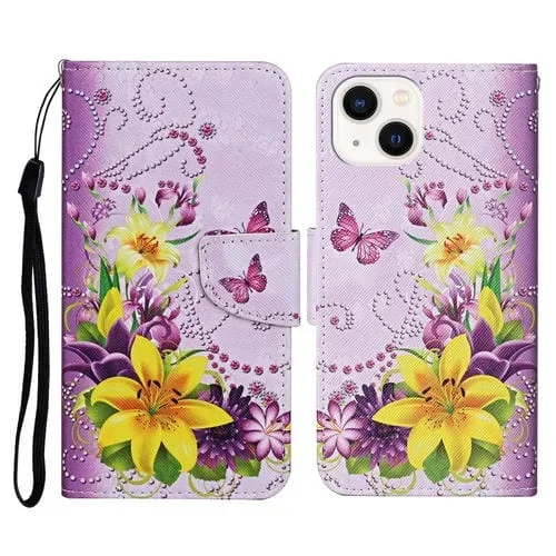 Estuche para Teléfono iPhone 15 Plus con Tapa de Cuero y Dibujo 3D (Flores Amarillas)