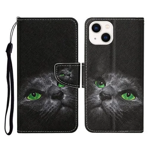 Estuche para teléfono iPhone 15 Plus Cuero con Tapa Dibujo 3D (Gato Negro)