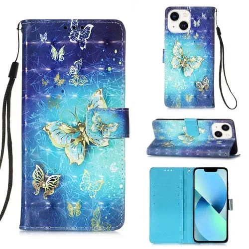 Estuche para Teléfono iPhone 15 Plus Cuero con Tapa Horizontal y Pintura 3D (Mariposa Dorada)