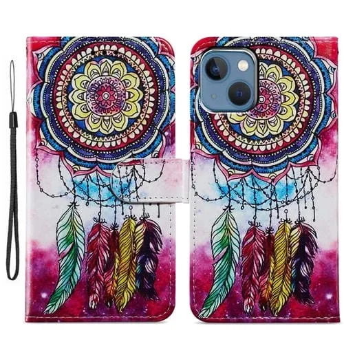 Estuche para teléfono iPhone 15 Plus Cuero Dibujo Coloreado Atrapasueños