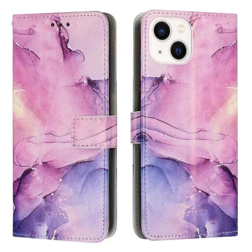 Estuche para Teléfono iPhone 15 Plus Cuero Patrón Mármol Pintado (Púrpura)