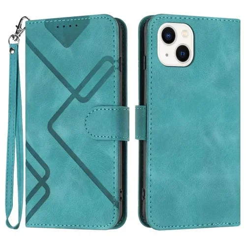 Estuche para Teléfono iPhone 15 Plus Cuero Sensación de Piel Patrón de Líneas (Azul Claro)