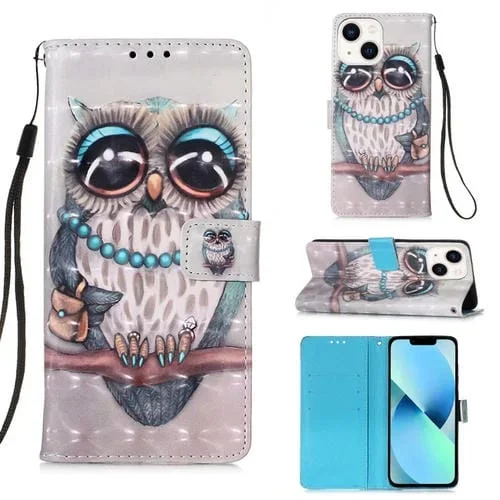 Estuche para Teléfono iPhone 15 Plus Cuero Tapa Horizontal Pintura 3D (Búho Gris)