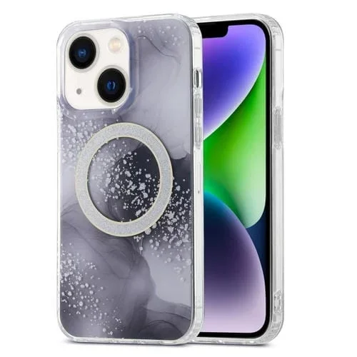 Estuche para teléfono iPhone 15 Plus Imd Marble Magsafe de doble cara (Negro)