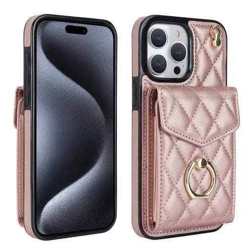 Estuche para Teléfono iPhone 15 Pro Bolsa para Tarjetas Textura Rómbica Cordón Largo (Oro Rosa)