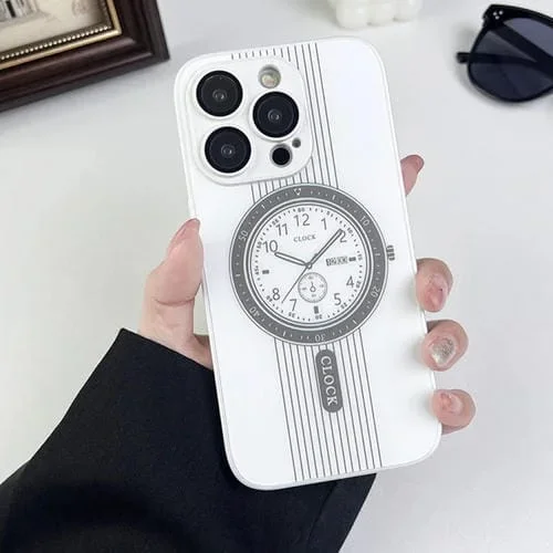 Estuche para Teléfono iPhone 15 Pro con Protección de Lente Magnética y Patrón de Reloj (Blanco)