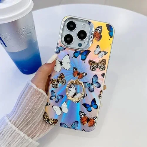 Estuche para Teléfono iPhone 15 Pro con Soporte Anillo Mariposa Láser Galvanoplastia (Mariposas de Color Ab1)