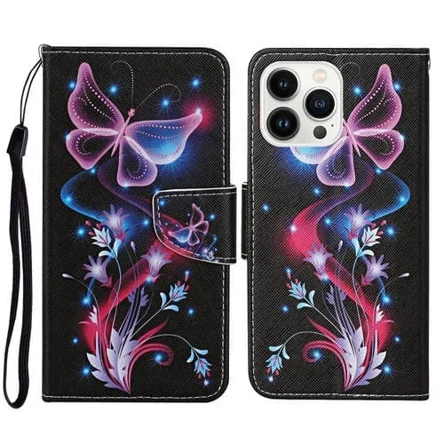 Estuche para teléfono iPhone 15 Pro cuero con tapa dibujo coloreado 3D (Mariposa fluorescente)