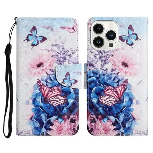 Estuche para Teléfono iPhone 15 Pro Cuero con Tapa Dibujo Coloreado 3D (Mariposa Púrpura)