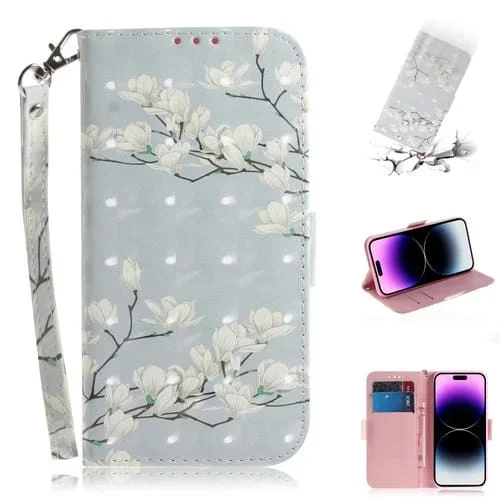 Estuche para teléfono iPhone 15 Pro cuero con tapa horizontal color 3D (Magnolia)