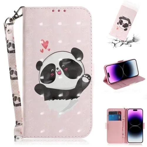 Estuche para Teléfono iPhone 15 Pro Cuero Tapa Horizontal 3D (Panda del Corazón)