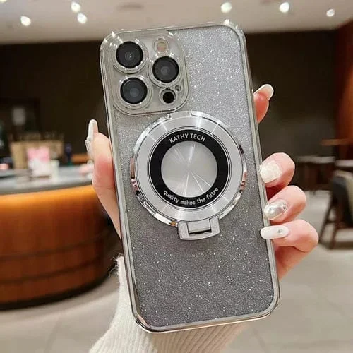 Estuche para Teléfono iPhone 15 Pro Magsafe con Soporte Galvanizado y Brillo Degradado (Plateado)