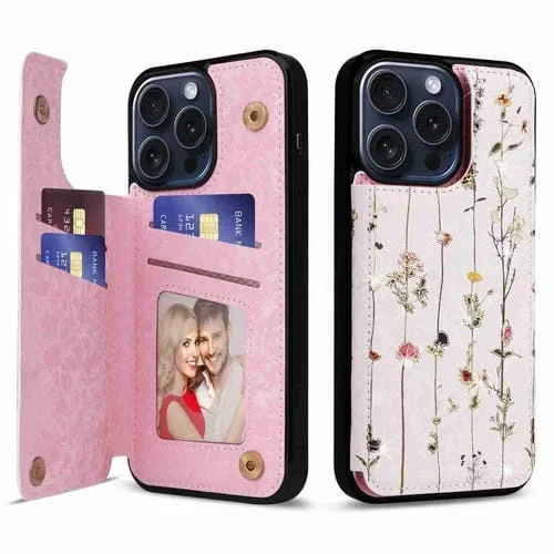 Estuche para Teléfono iPhone 15 Pro Max Antirrobo Rfid Doble Hebilla (Mundo de Flores Secas)