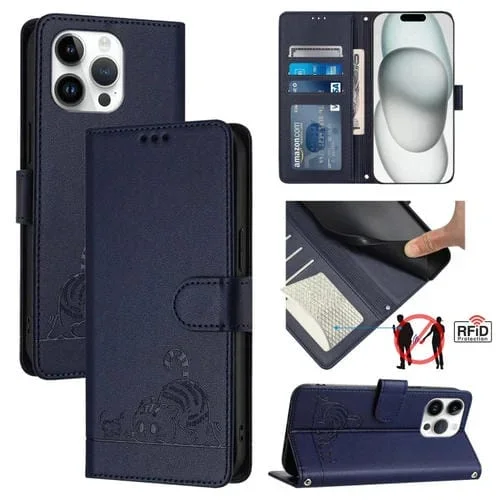 Estuche para teléfono iPhone 15 Pro Max Cat Rat con patrón en relieve Rfid PU con correa para la muñeca (Azul)