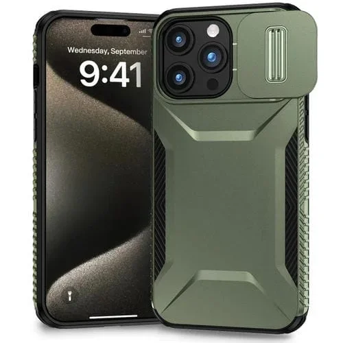 Estuche para Teléfono iPhone 15 Pro Max con Escudo de Levas Deslizante (Verde Alpino)