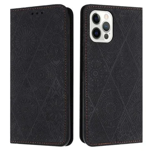 Estuche para Teléfono iPhone 15 Pro Max Cuero Adsorción Relieve Étnico (Negro)