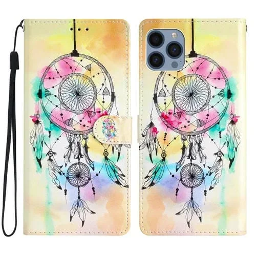 Estuche para Teléfono iPhone 15 Pro Max Cuero con Dibujo Coloreado Atrapasueños