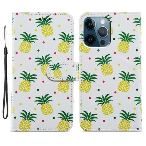 Estuche para Teléfono iPhone 15 Pro Max Cuero con Dibujo Coloreado (Piña)