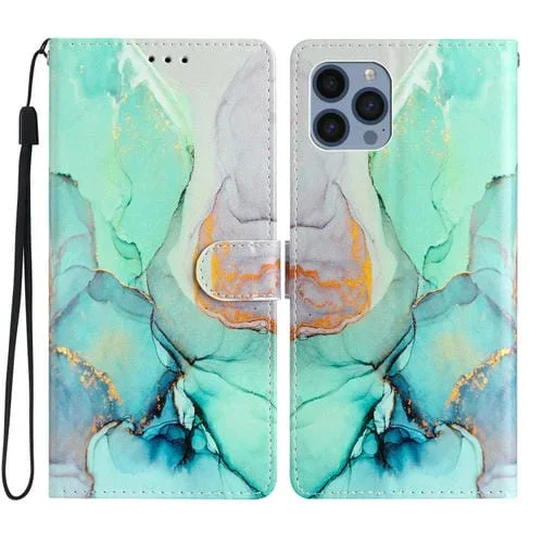 Estuche para Teléfono iPhone 15 Pro Max Cuero Dibujo Coloreado (Mármol Verde)