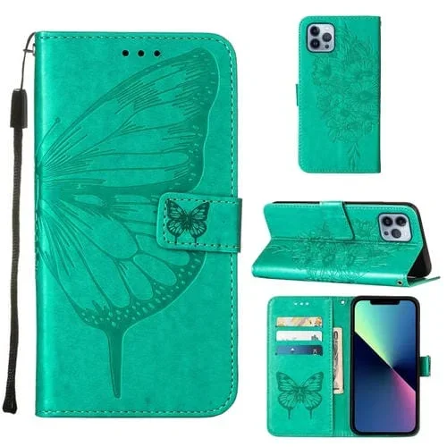 Estuche para teléfono iPhone 15 Pro Max Cuero Mariposa en relieve (Verde)
