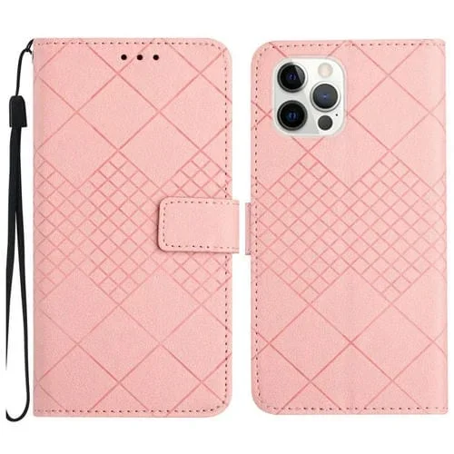 Estuche para Teléfono iPhone 15 Pro Max Cuero Textura Rejilla Rómbica (Rosa)