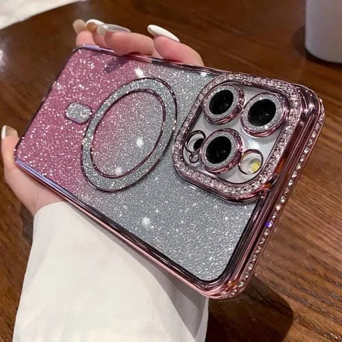 Estuche para Teléfono iPhone 15 Pro Max Magsafe Chapado en Brillo con Degradado de Diamante (Rosa)