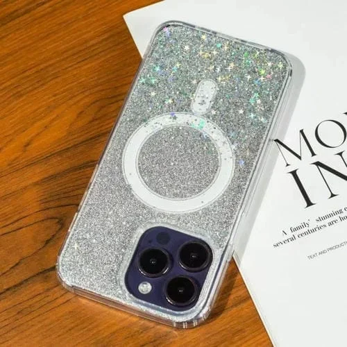 Estuche para Teléfono iPhone 15 Pro Max Magsafe Estrellado con Brillo Degradado (Plateado Degradado)