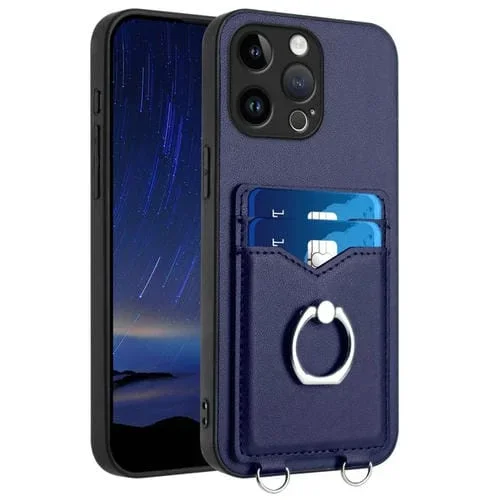 Estuche para Teléfono iPhone 15 Pro Max R20 con Soporte para Tarjeta y Anillo (Azul)