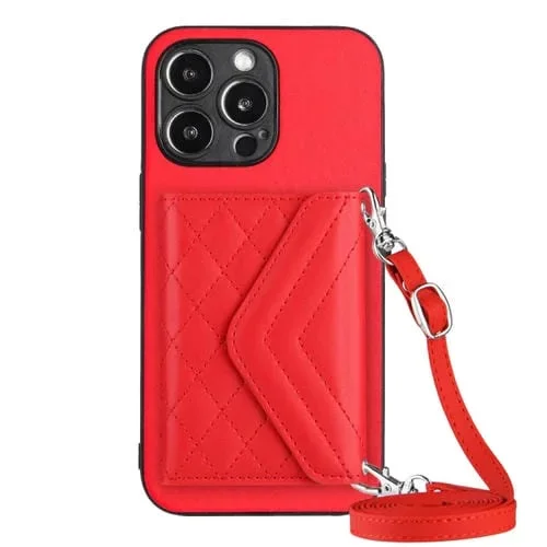 Estuche para Teléfono iPhone 15 Pro Max Rfid con Bolsa para Tarjetas Textura Rómbica y Cordón Largo (Rojo)