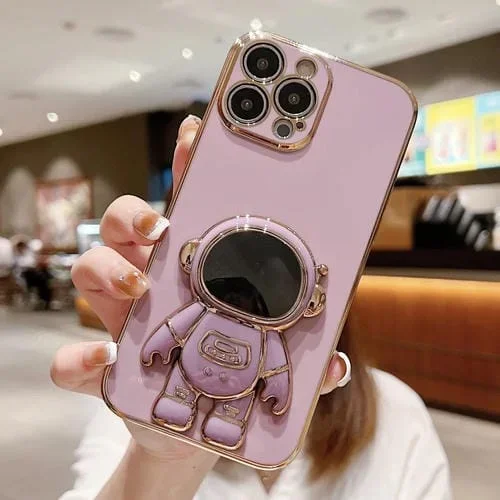 Estuche para teléfono iPhone 15 Pro Max soporte astronauta galvanoplastia (Púrpura)