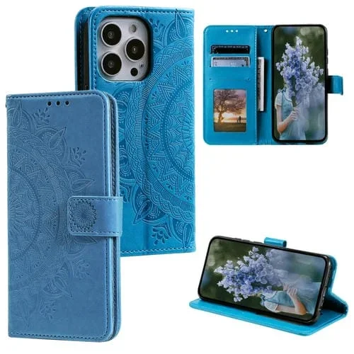 Estuche para Teléfono iPhone 15 Pro Max Totem Flower Cuero En Relieve (Azul)