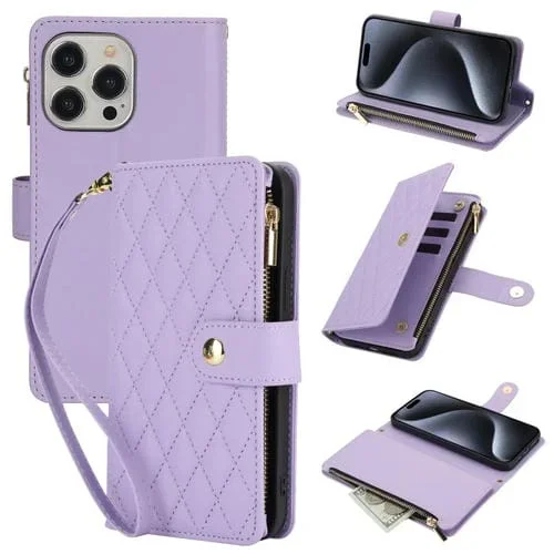 Estuche para Teléfono iPhone 15 Pro Max Ym016 Billetera de Cuero con Cremallera Rombal y Cordón (Morado Claro)