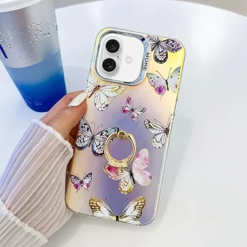 Estuche para Teléfono iPhone 16 con Soporte para Anillo de Mariposa Láser con Galvanoplastia (Mariposas Rosadas)