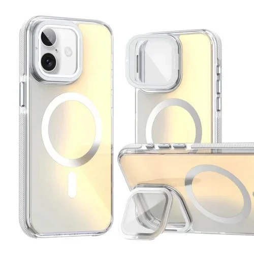 Estuche para Teléfono iPhone 16 Plus con Película de Lente Degradado Magsafe y Soporte Plegable (Blanco)