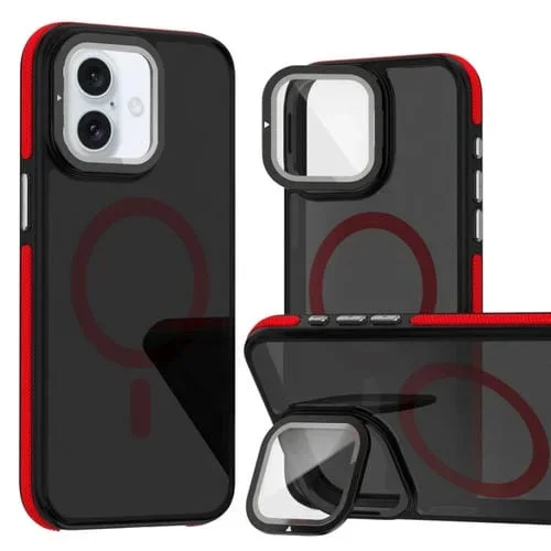 Estuche para teléfono iPhone 16 Plus Magsafe con Película de Lente y Soporte (Rojo)