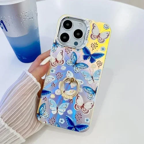 Estuche para teléfono iPhone 16 Pro Max con soporte para anillo mariposa láser galvanoplastia (Mariposas Azules)