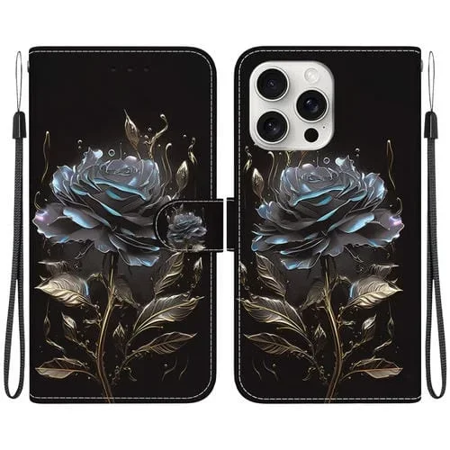 Estuche para teléfono iPhone 16 Pro Max Cuero con Dibujo Coloreado y Textura de Cristal (Rosa Negra)