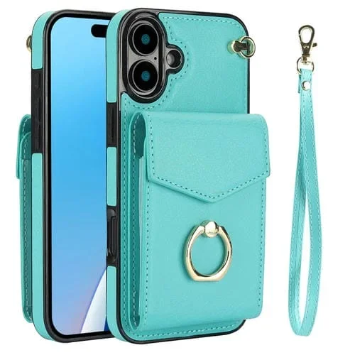 Estuche para Teléfono iPhone 16 Ranura para Tarjeta Rfid Soporte de Anillo (Verde Menta)