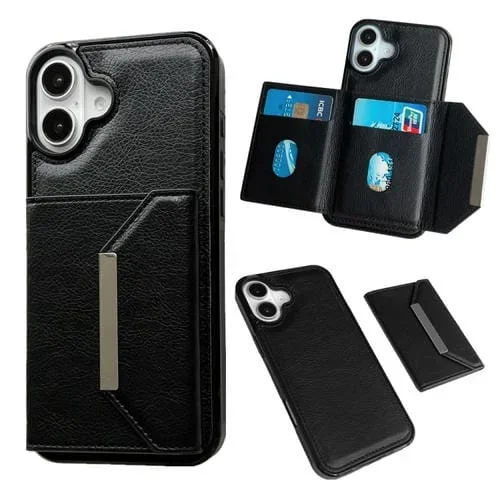 Estuche para Teléfono iPhone 16 Ranuras para Tarjetas Hebilla de Metal (Negro)
